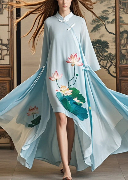 Sky Blue Asymmetrical Lotus Print Chiffon Oriental Dress Spring