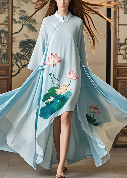 Sky Blue Asymmetrical Lotus Print Chiffon Oriental Dress Spring
