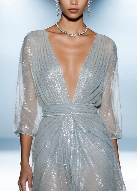 Sky Blue Sequins Tulle Dinner Dress Summer