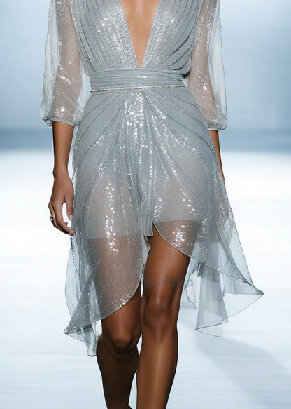 Sky Blue Sequins Tulle Dinner Dress Summer