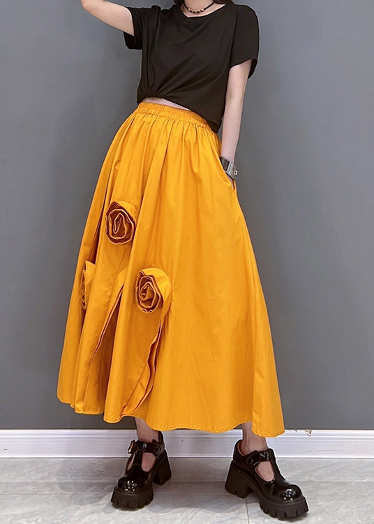 Orange Elastic Waist Pockets Cotton a Line Skirt Summer