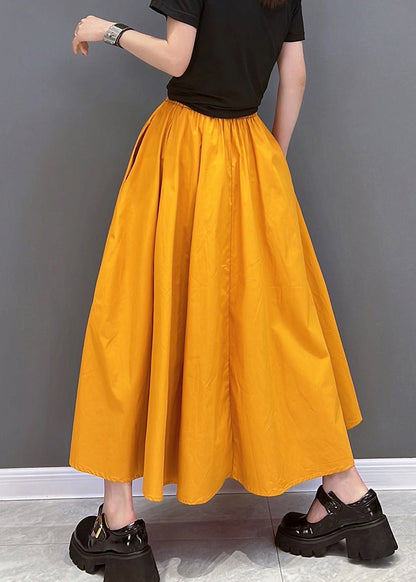 Orange Elastic Waist Pockets Cotton a Line Skirt Summer
