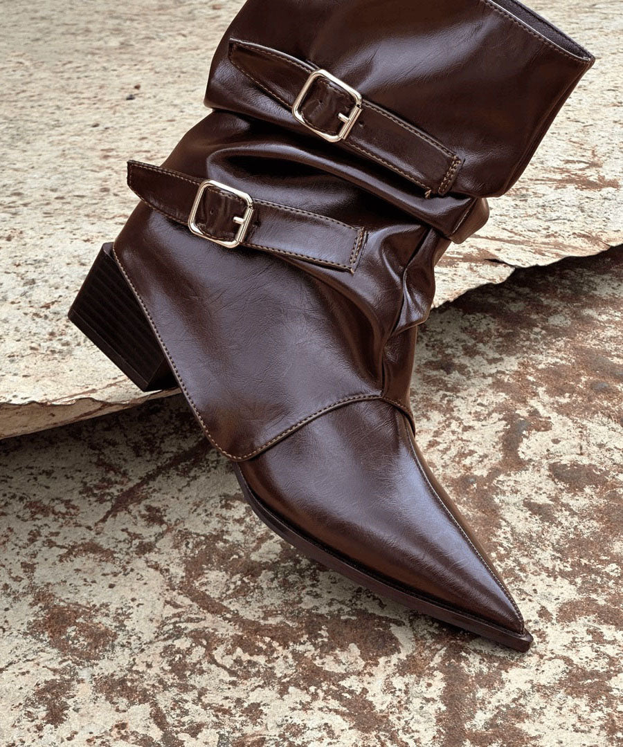 Splicing Chunky Boots Black Faux Leather Pointed Toe
