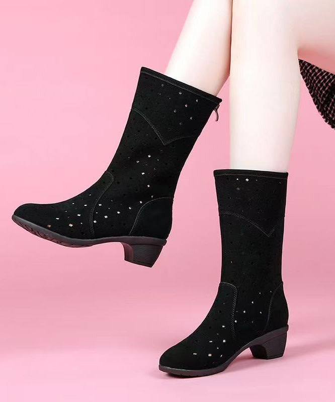 Splicing Chunky Boots Black Suede Hollow Out