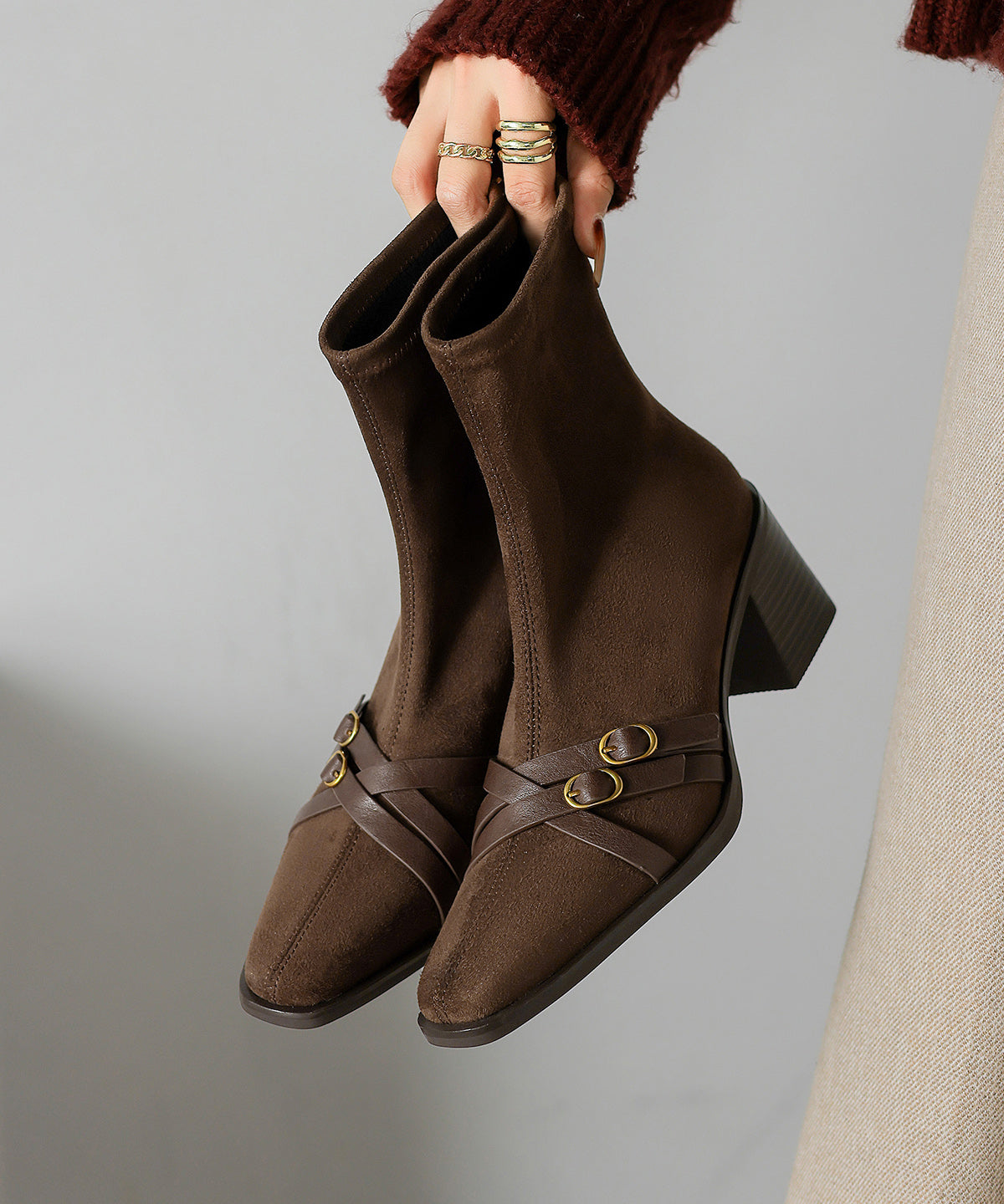 Splicing Chunky Boots Brown Suede Square Toe