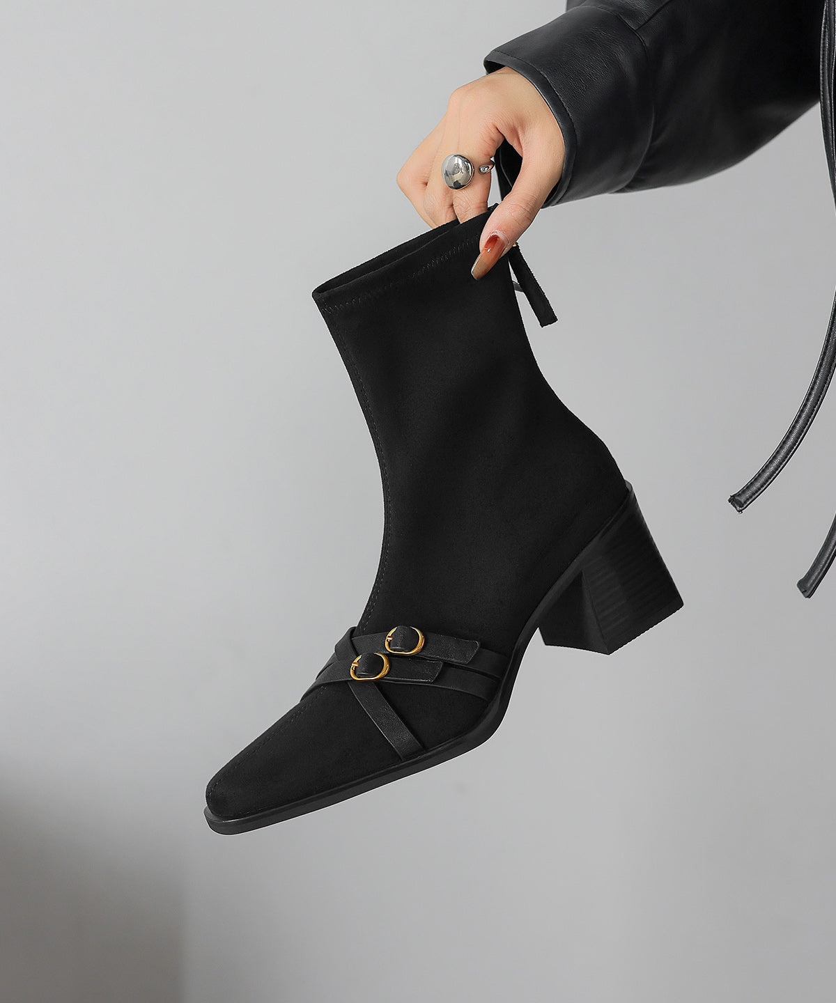 Splicing Chunky Boots Brown Suede Square Toe