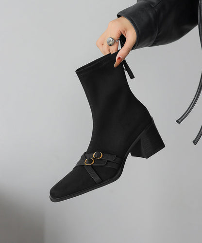 Splicing Chunky Boots Brown Suede Square Toe