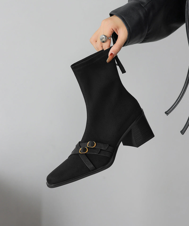 Splicing Chunky Boots Brown Suede Square Toe