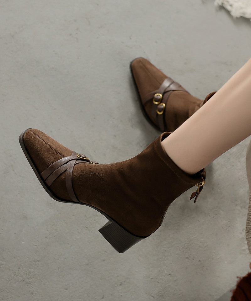Splicing Chunky Boots Brown Suede Square Toe