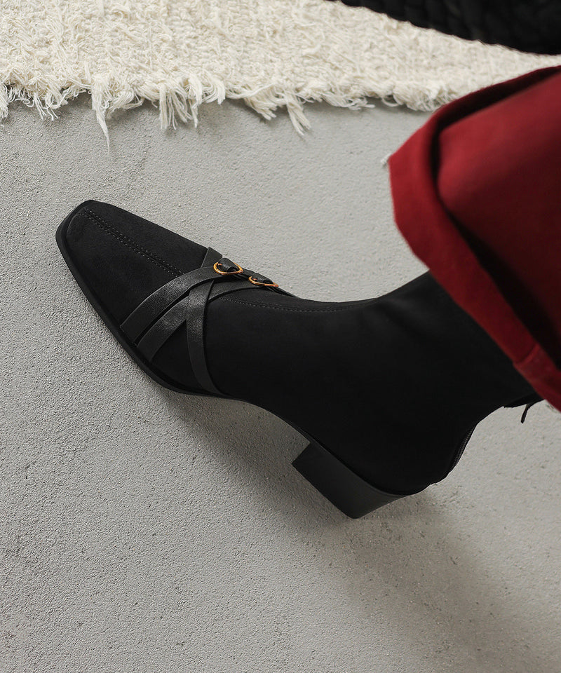 Splicing Chunky Boots Brown Suede Square Toe