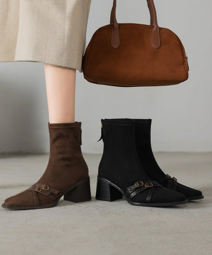 Splicing Chunky Boots Brown Suede Square Toe