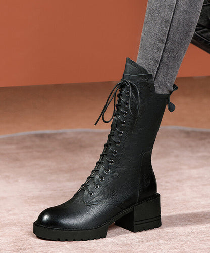Splicing Chunky Boots Green Cowhide Leather Lace Up