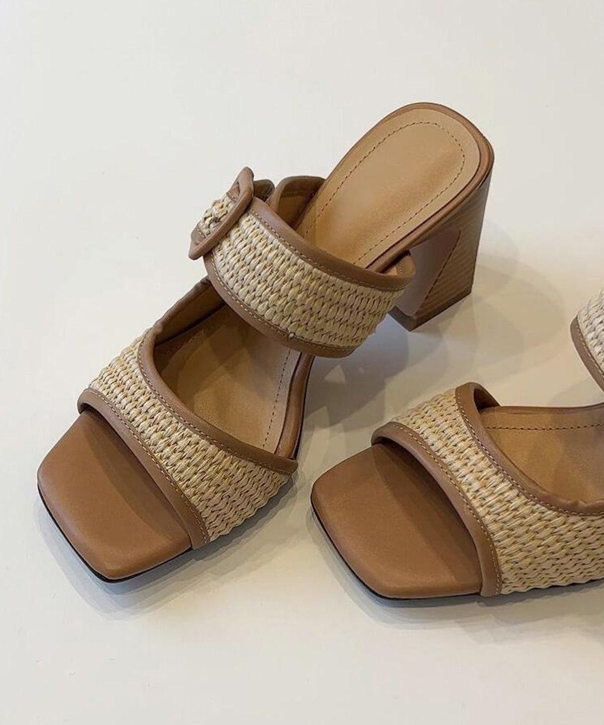 Splicing Chunky Heel Brown Faux Leather Slide Sandals
