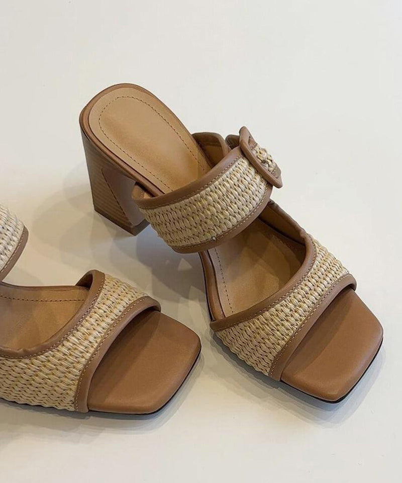 Splicing Chunky Heel Brown Faux Leather Slide Sandals