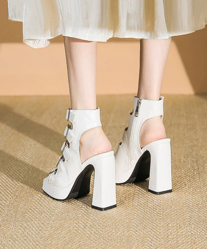 Splicing Chunky High Heels Sandals Hollow Out Black Faux Leather