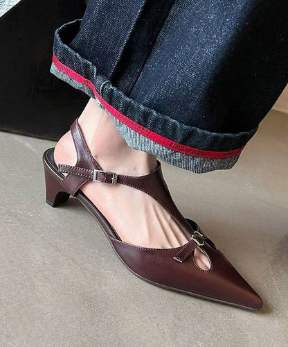 Splicing Chunky Hollow Out Sandals Brown Cowhide Leather