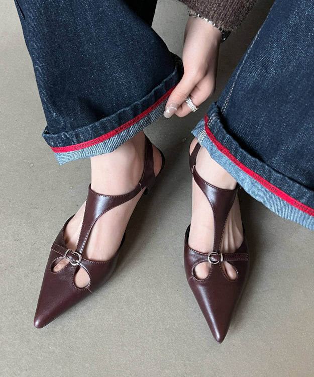 Splicing Chunky Hollow Out Sandals Brown Cowhide Leather