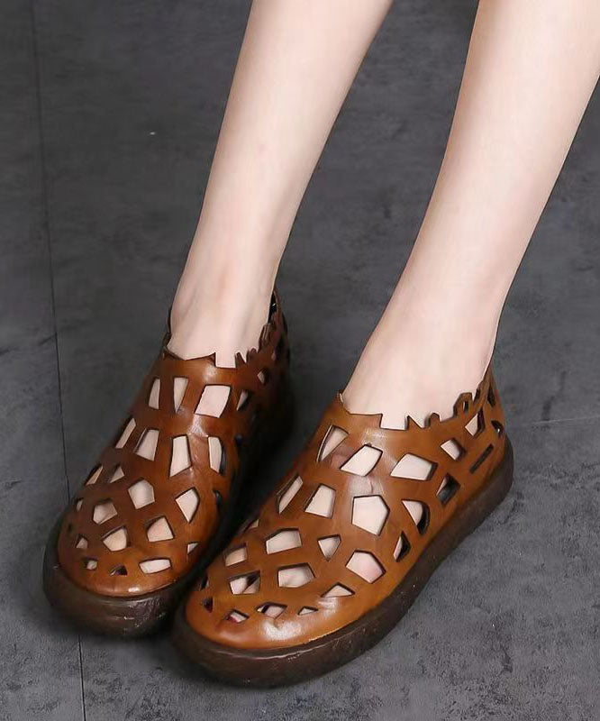 Splicing Hollow Out Flat Sandals Brown Cowhide Leather