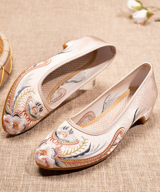 Splicing Pointed Toe Chunky Beige Satin Embroideried