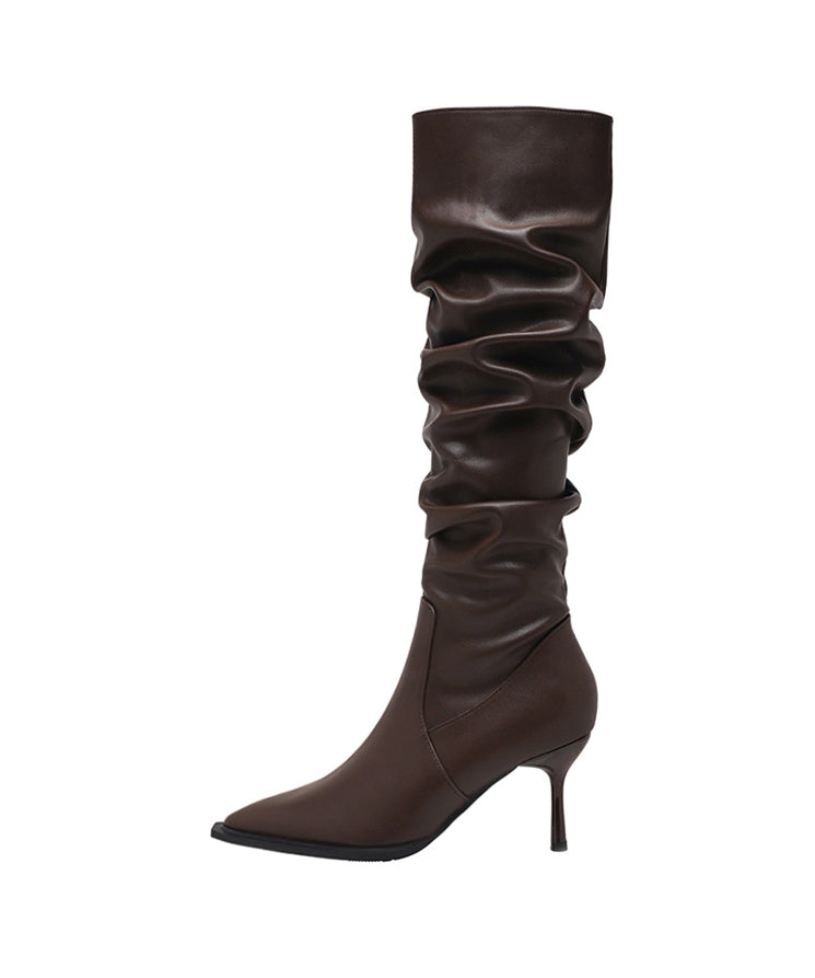 Splicing Stiletto Boots Brown Faux Leather Pointed Toe