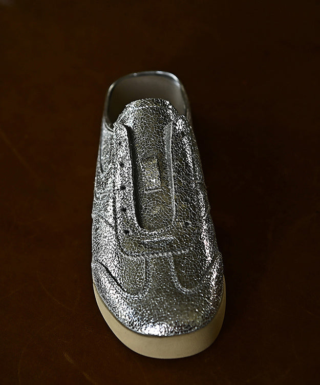Splicing Wedge Silver Cowhide Leather Slide Sandals