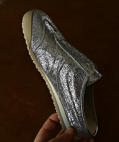 Splicing Wedge Silver Cowhide Leather Slide Sandals