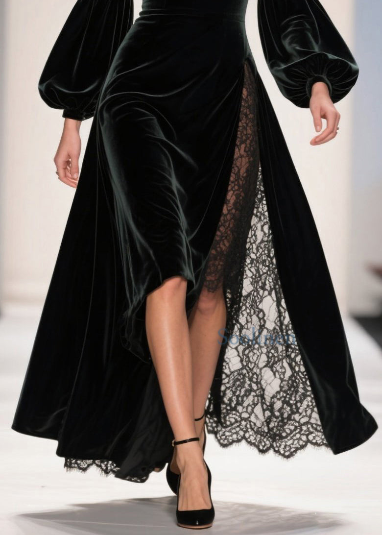 Square Collar Lace Patchwork Velvet Ankle Dress Spring