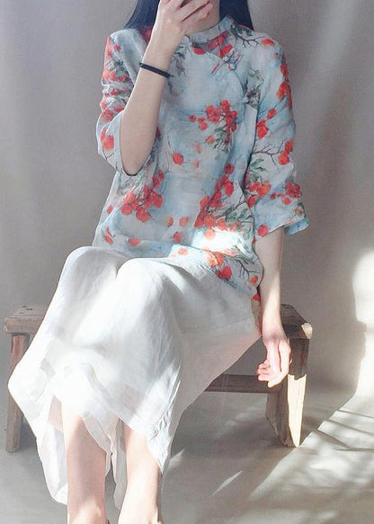 Chic Stand Collar Chinese Button Tops Women Print Shirts
