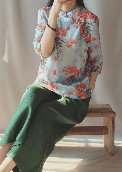 Chic Stand Collar Chinese Button Tops Women Print Shirts