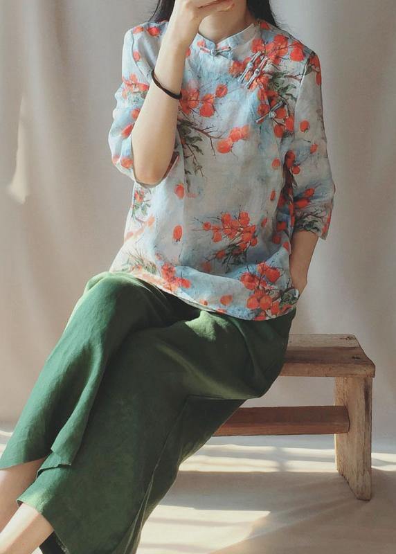 Stand Collar Chinese Button Tops Print Shirts