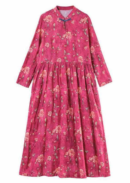 Stand Collar Cinched Spring Dresses Red Print Dress
