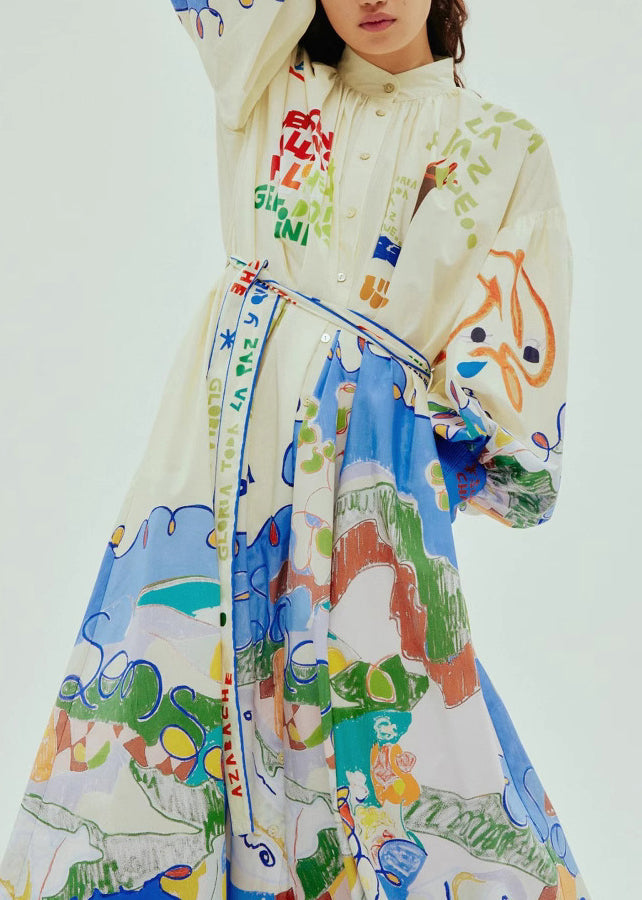 Stand Collar Print Button Long Dress Lantern Sleeve