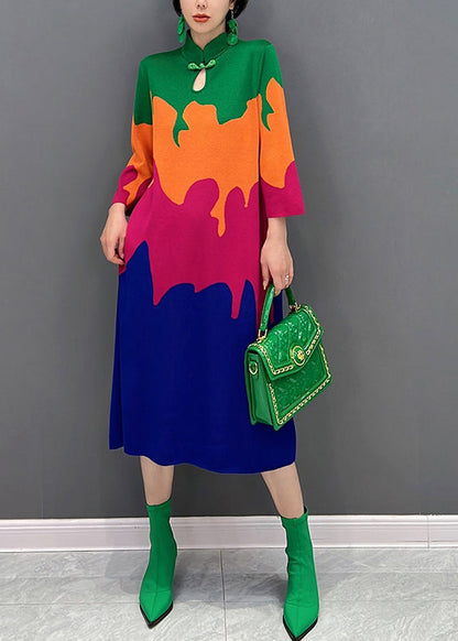 Stand Collar Print Button Silk Maxi Dresses Fall