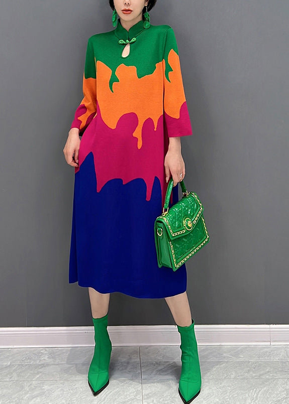 Stand Collar Print Button Silk Maxi Dresses Fall