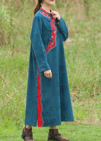 Stand Collar Spring Tunics Pattern Blue Embroidery Long Dresses