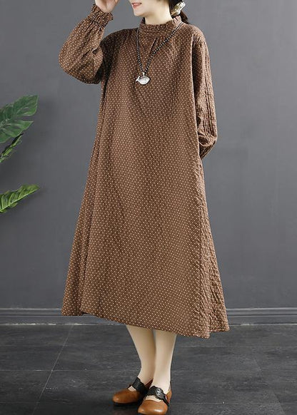 Stand Collar Tunic Dress Work Outfits Chocolate Dotted Maxi Dress