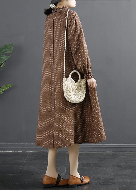 Stand Collar Tunic Dress Work Outfits Chocolate Dotted Maxi Dress