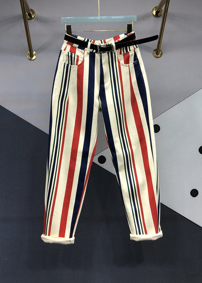 Striped Pockets Patchwork High Waist Denim Pants Fall