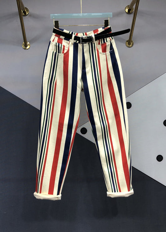 Striped Pockets Patchwork High Waist Denim Pants Fall