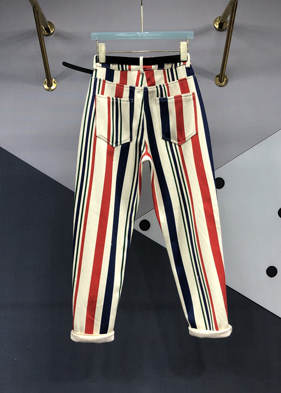 Striped Pockets Patchwork High Waist Denim Pants Fall