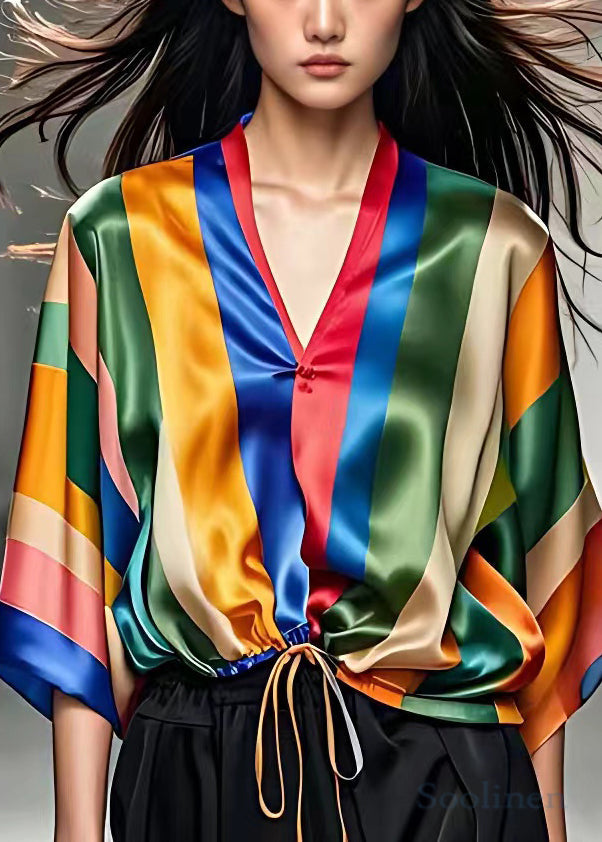 Striped V Neck Lace Up Silk Shirt Half Sleeve