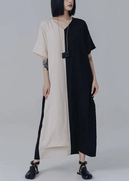 V Neck Asymmetrical Patchwork Tie Waist Long Dresses Summer
