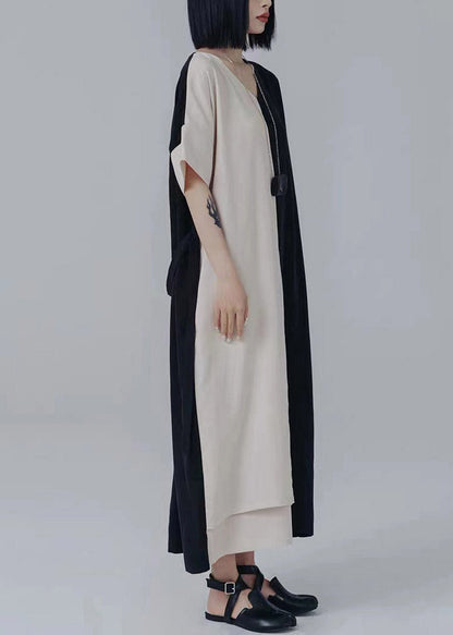 V Neck Asymmetrical Patchwork Tie Waist Long Dresses Summer