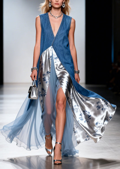 V Neck Asymmetrical Silk Patchwork Denim Dress Summer