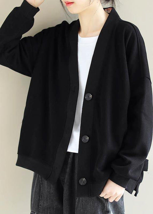 V Neck Button Down Spring Trench Coat Black Silhouette Jackets