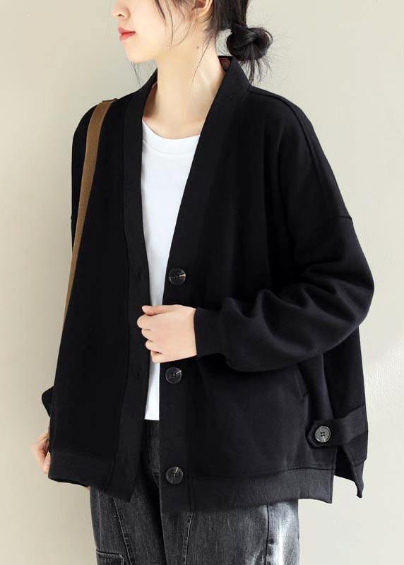 V Neck Button Down Spring Trench Coat Black Silhouette Jackets