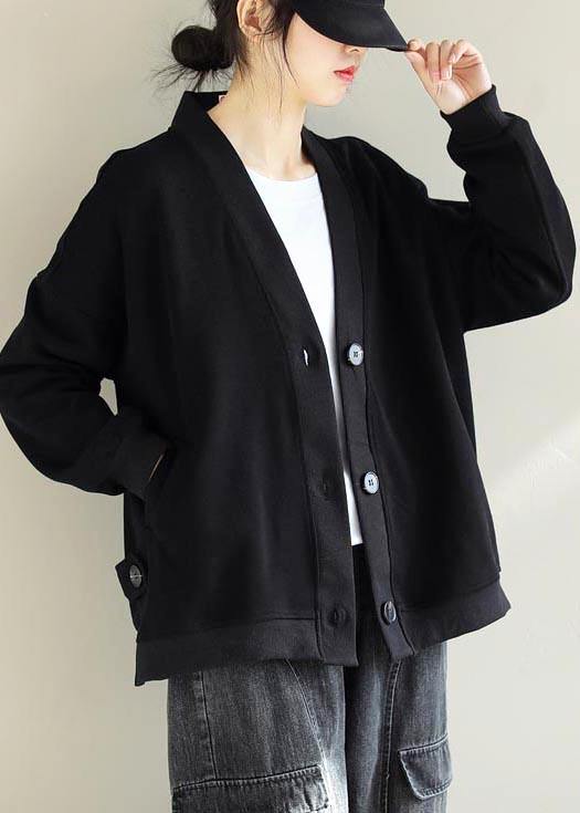 V Neck Button Down Spring Trench Coat Black Silhouette Jackets
