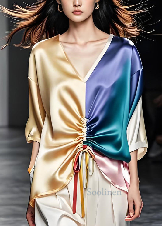 V Neck Cinched Patchwork Loose Silk Tops Summer
