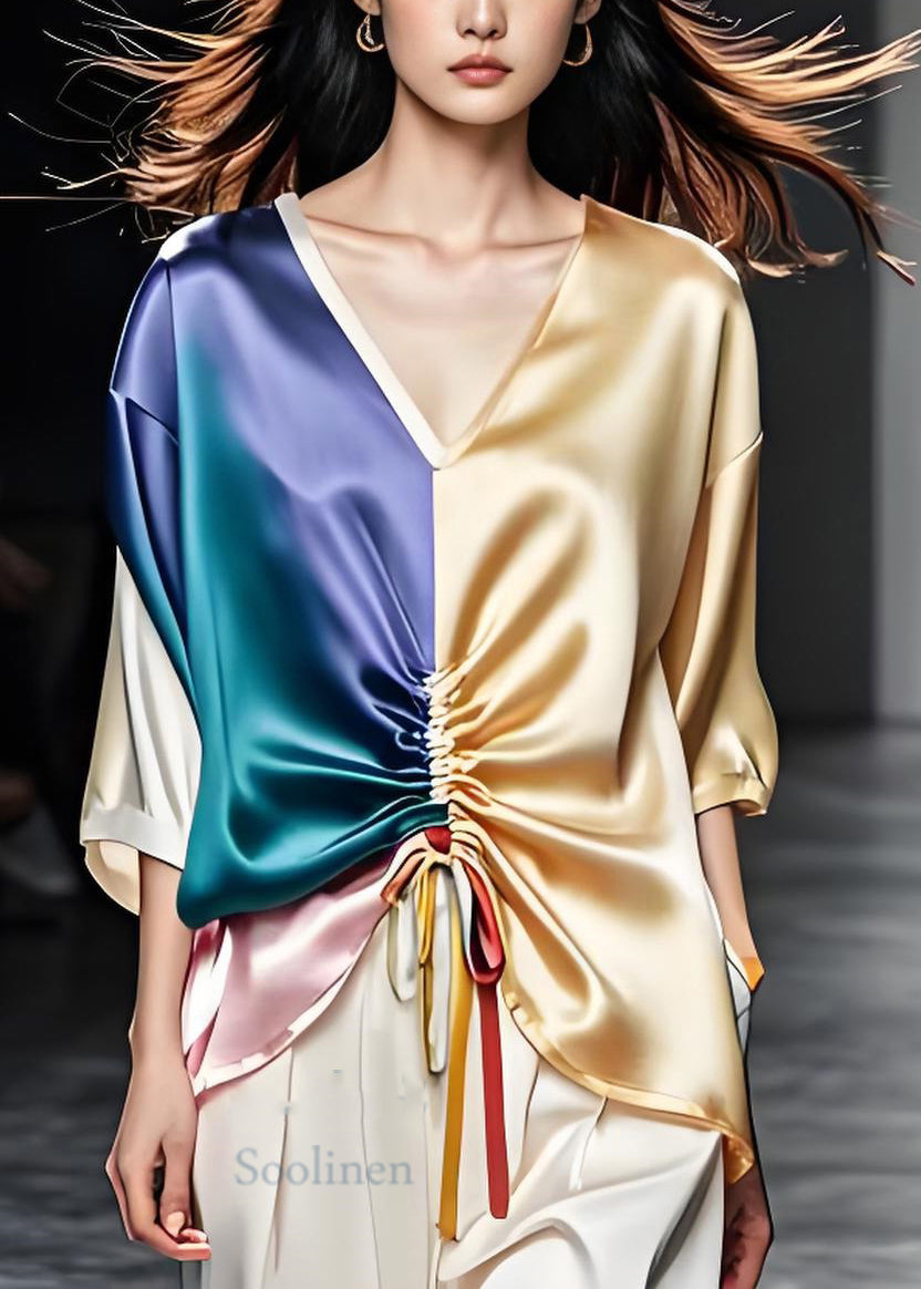 V Neck Cinched Patchwork Loose Silk Tops Summer