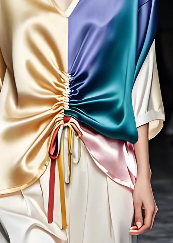 V Neck Cinched Patchwork Loose Silk Tops Summer